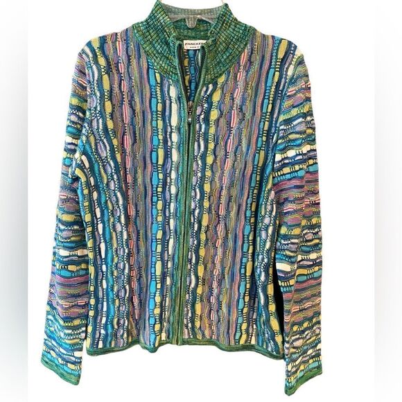 Marcazzani M* Green Yellow Multicolor Stripes Front Zipper Collar Italy Sweater - Picture 1 of 8